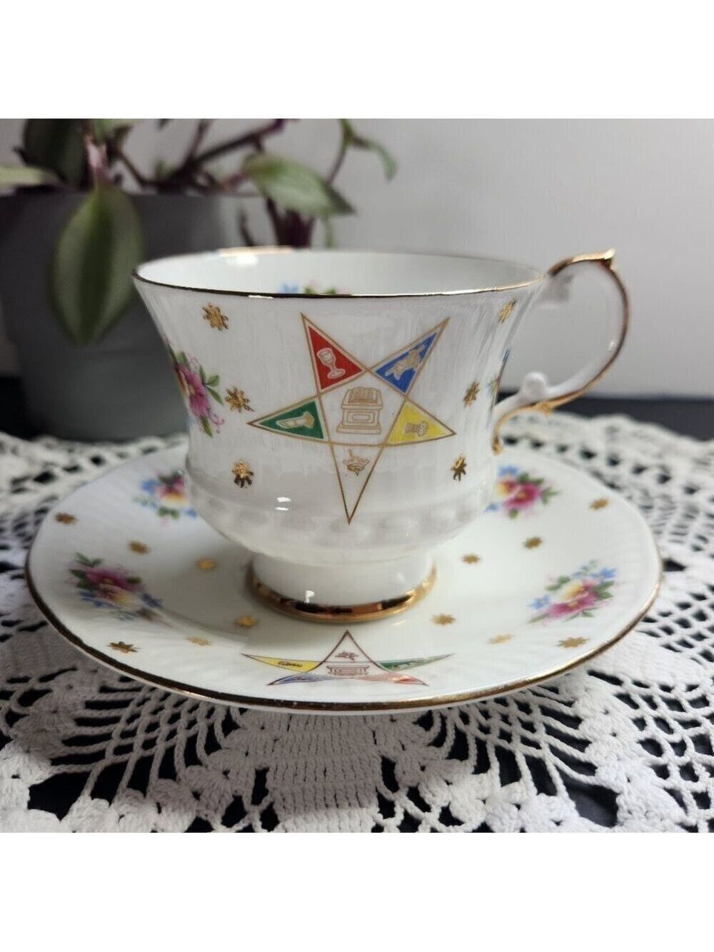 Elizabethan Bone China Cup & Saucer Order of the Eastern Star OES Masonic Vtg